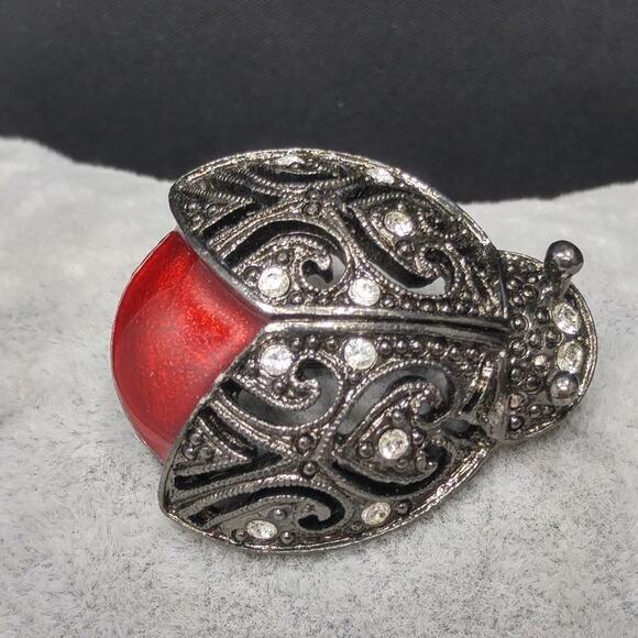 1928 Company Lady Bug Brooch, Red Enamel, Clear Rhinestones, Gunmetal Gray Pin - Picture 3 of 10